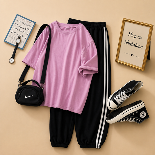 PLAIN PINK TSHIRT WITH STRIPE TROUSER