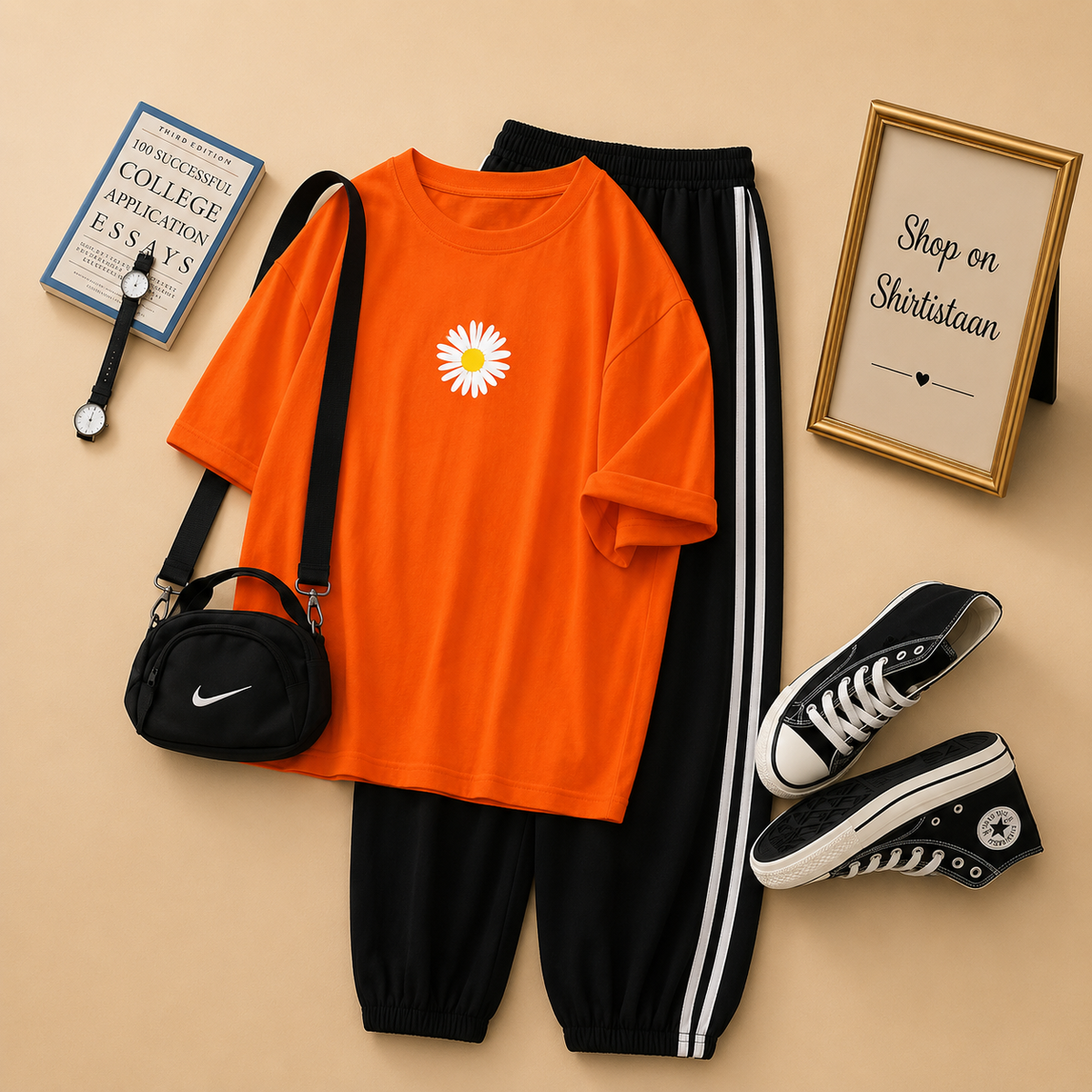 RED TEE WITH SUNFLOWER PRINT WITH 3 STRIPES TROUSER