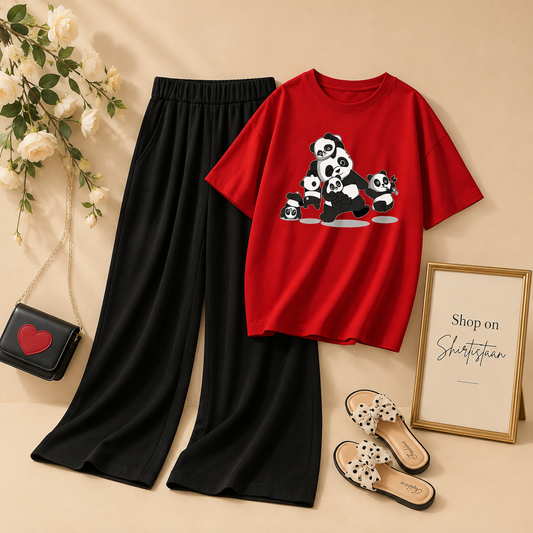 RED TEE PANDA FAMILY WITH BLACK FLAPPER