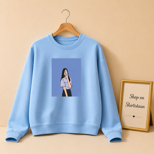 SKY BLUE SWEATSHIRT BLUE BACKGROUND GIRL