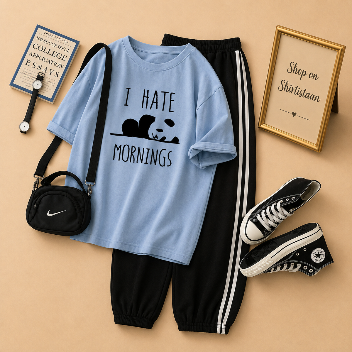 SKY BLUE TSHIRT I HATE MORNING WITH STRIPE TROUSER