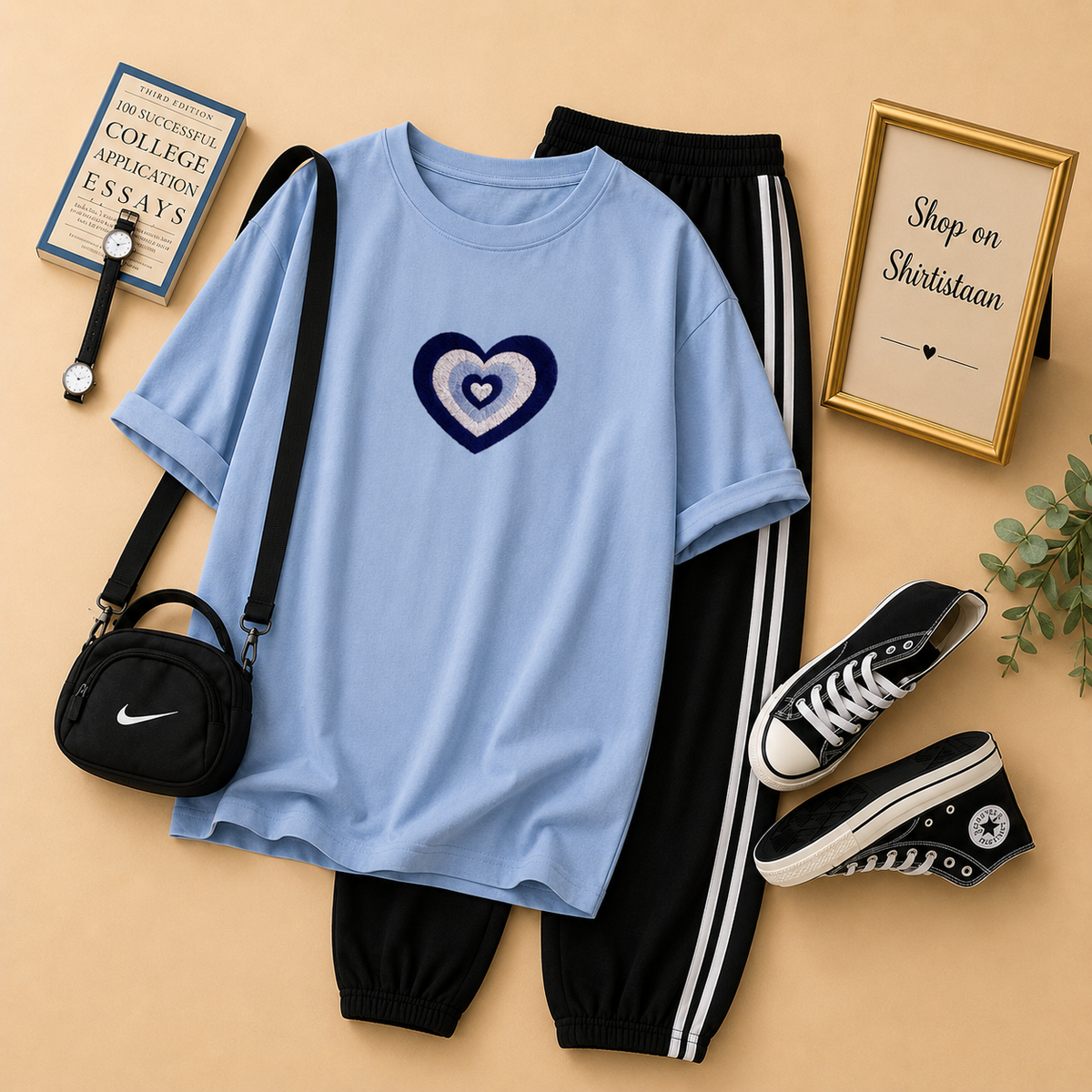 SKY BLUE TSHIRT NESTED HEART WITH STRIPE TROUSER
