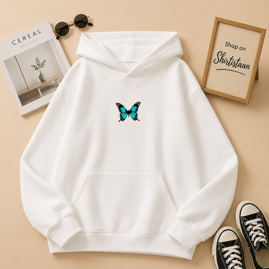 WHITE HOODIE WITH BLUE BUTTERFLY