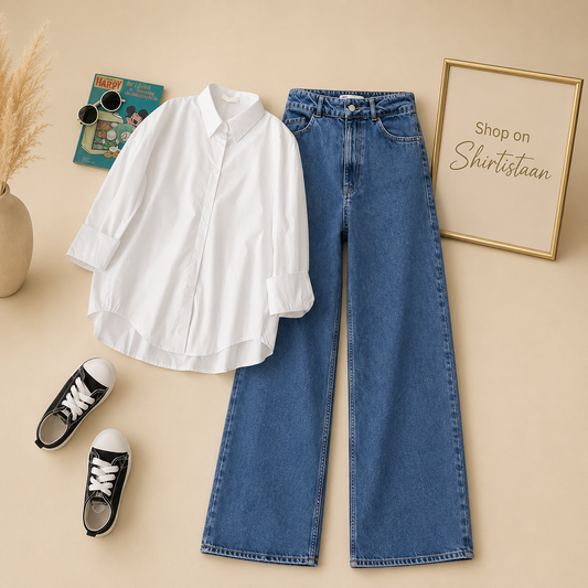 WHITE BUTTON SHIRT WITH MID BLUE WIDE LEG JEANS