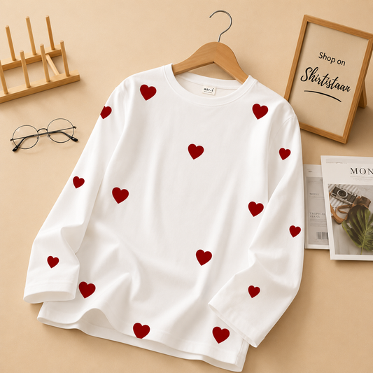 WHITE FULL SLEEVE TEE RED HEARTS ALL OVER