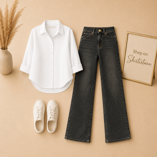 White Button  Down Shirt with Malaysia Black Wide Leg Jeans