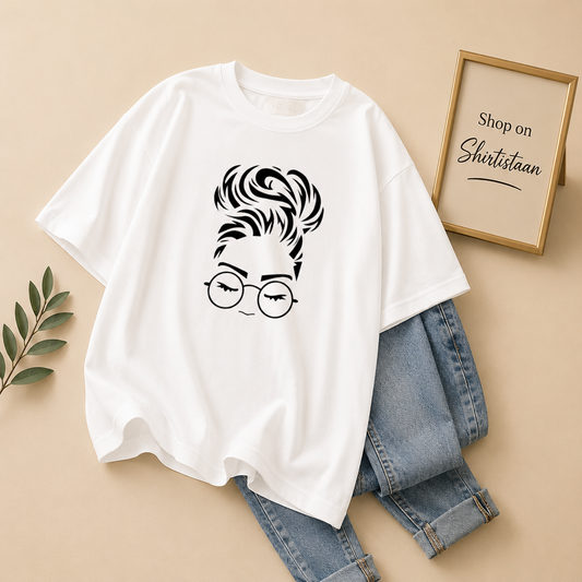 WHITE TEE HAIRY BUN GIRL