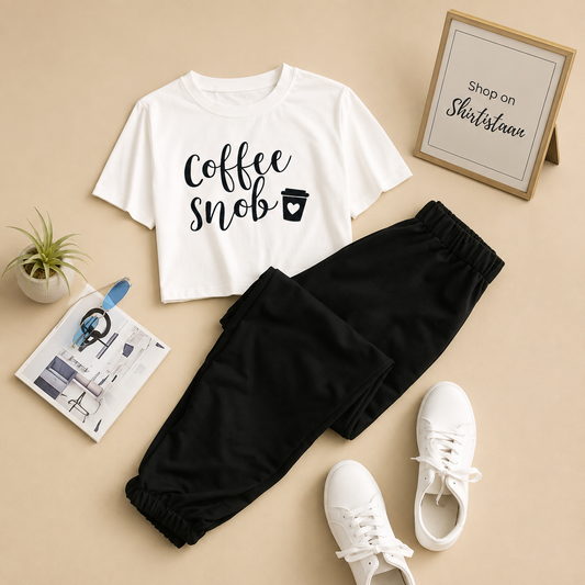 WHITE TSHIRT COFFEE SNOB WITH BLACK TROUSER