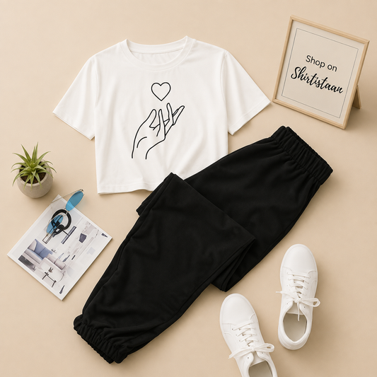 WHITE TSHIRT HEART IN HAND WITH BLACK TROUSER
