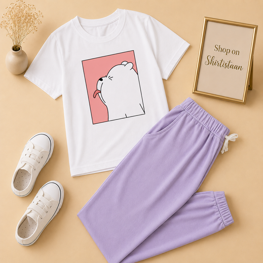 WHITE TSHIRT PANDA TONGUE WITH LILAC TROUSER POCKET ICE BEAR