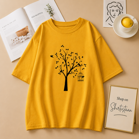 YELLOW TSHIRT WITH TREE PRINTED