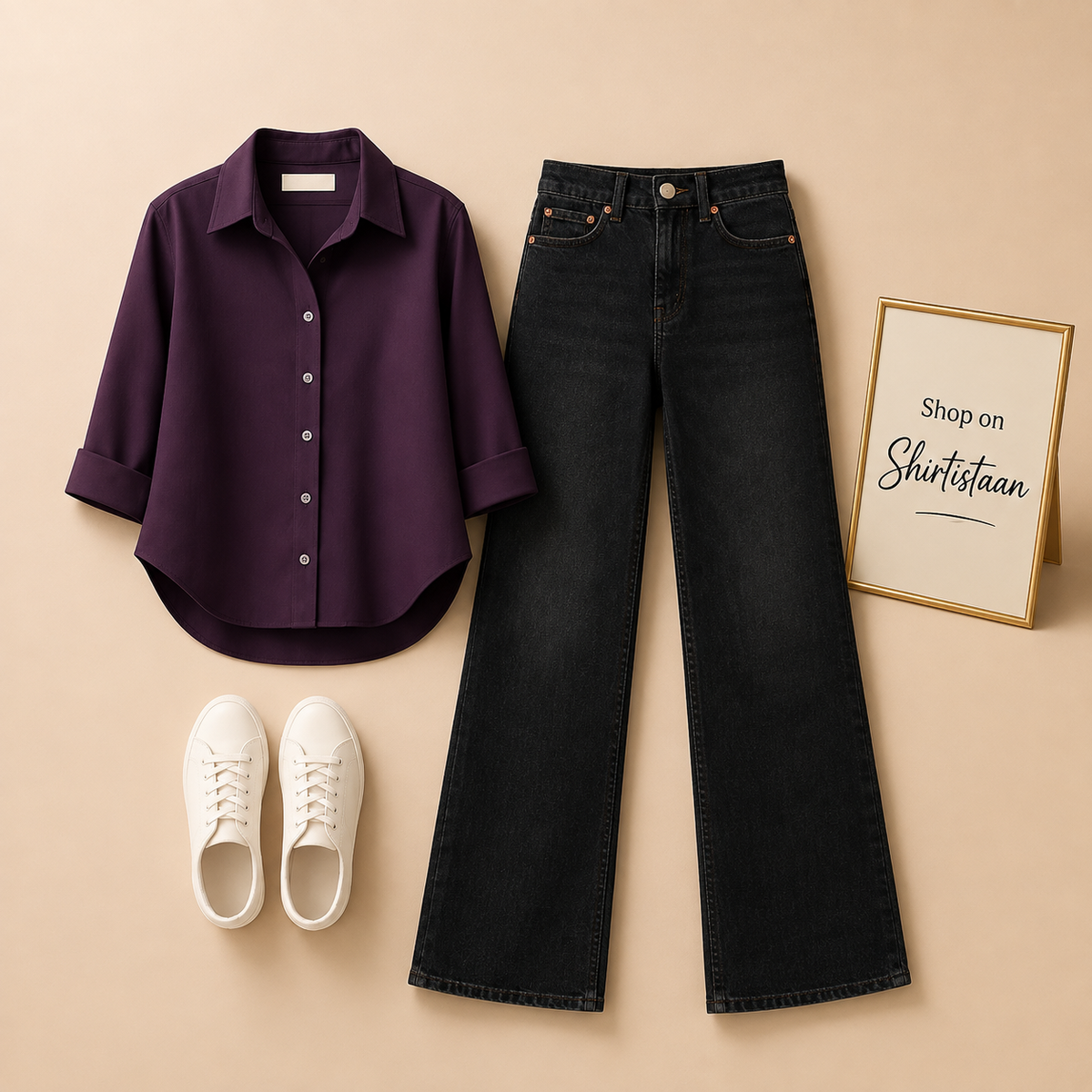 Purple Button Down Shirt with Black Wide Leg Jeans