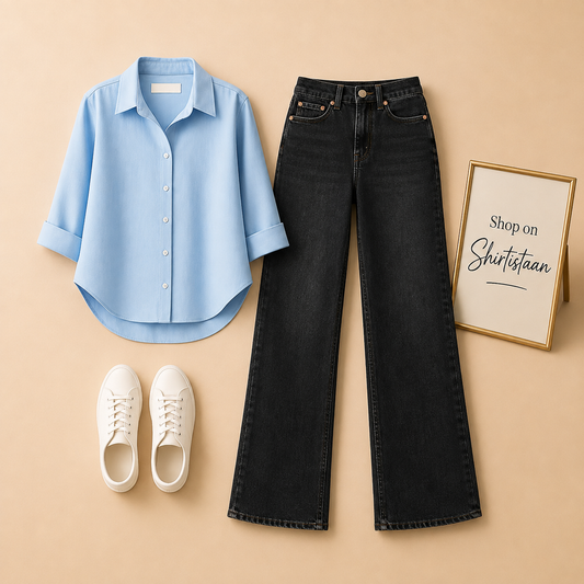 Sky Blue Button Down Shirt with Black Wide Leg Jeans