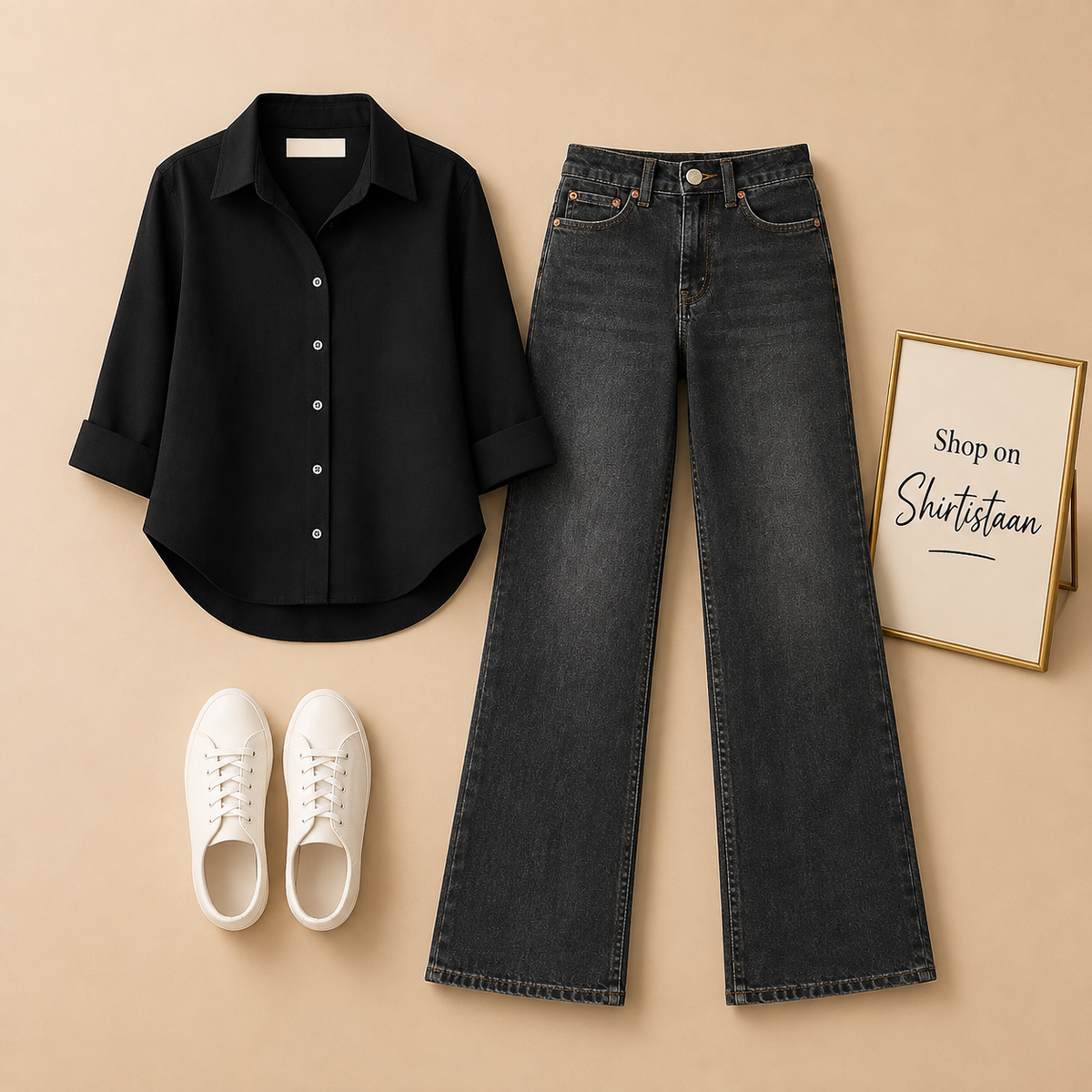 Black Button Down Shirt with Malaysia Black Wide Leg Jeans