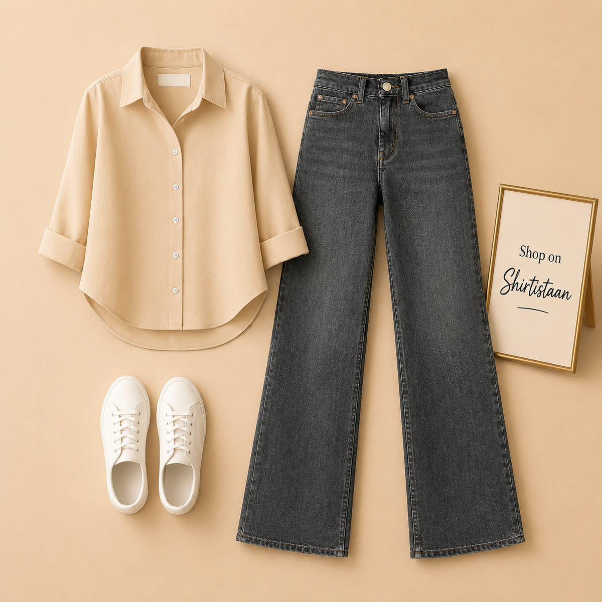 Beige Button  Down Shirt with Malaysia Black Wide Leg Jeans