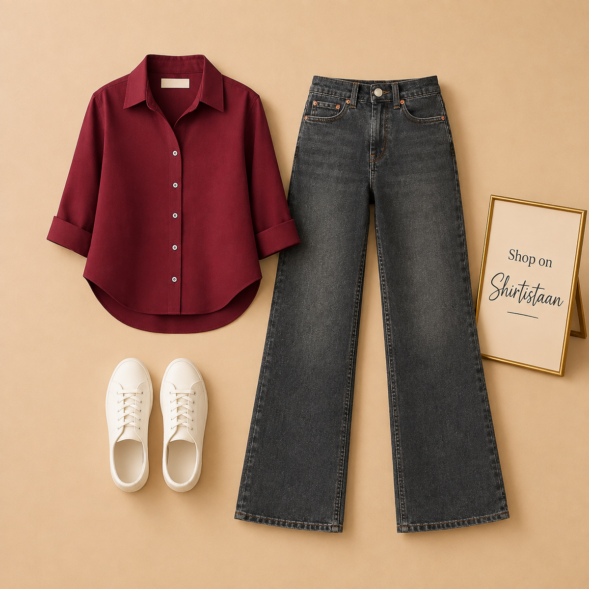 Maroon Button Down Shirt with Malaysia Black Wide Leg Jeans