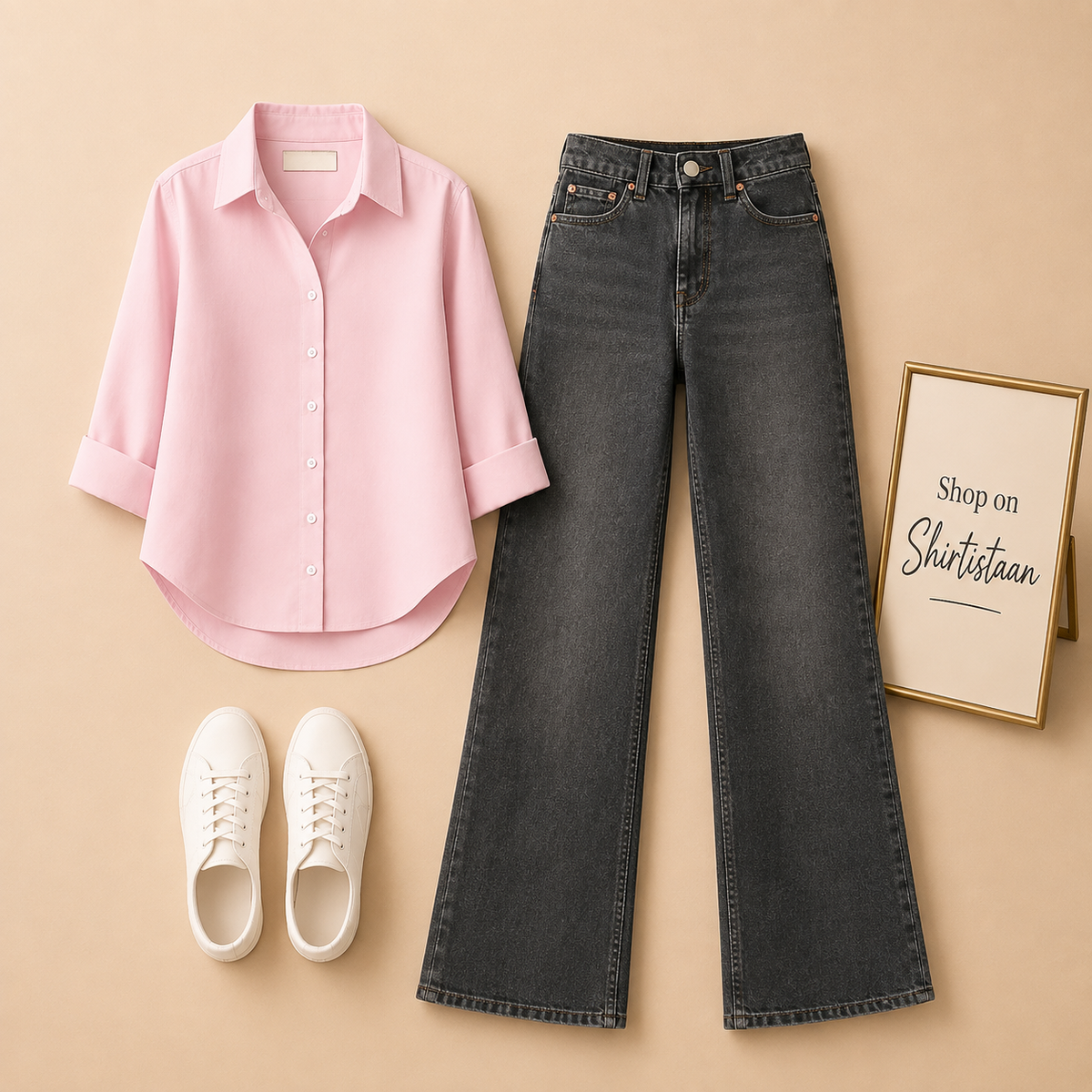 Pink Button Down Shirt with Malaysia Black Wide Leg Jeans
