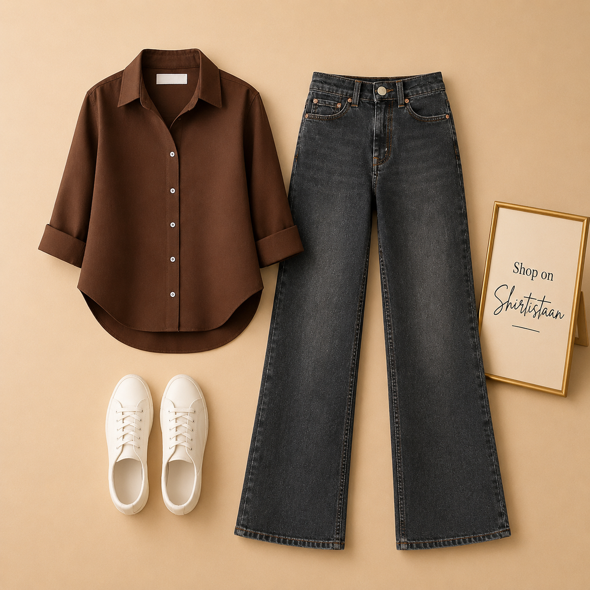 Brown Button Down Shirt with Malaysia Black Wide Leg Jeans