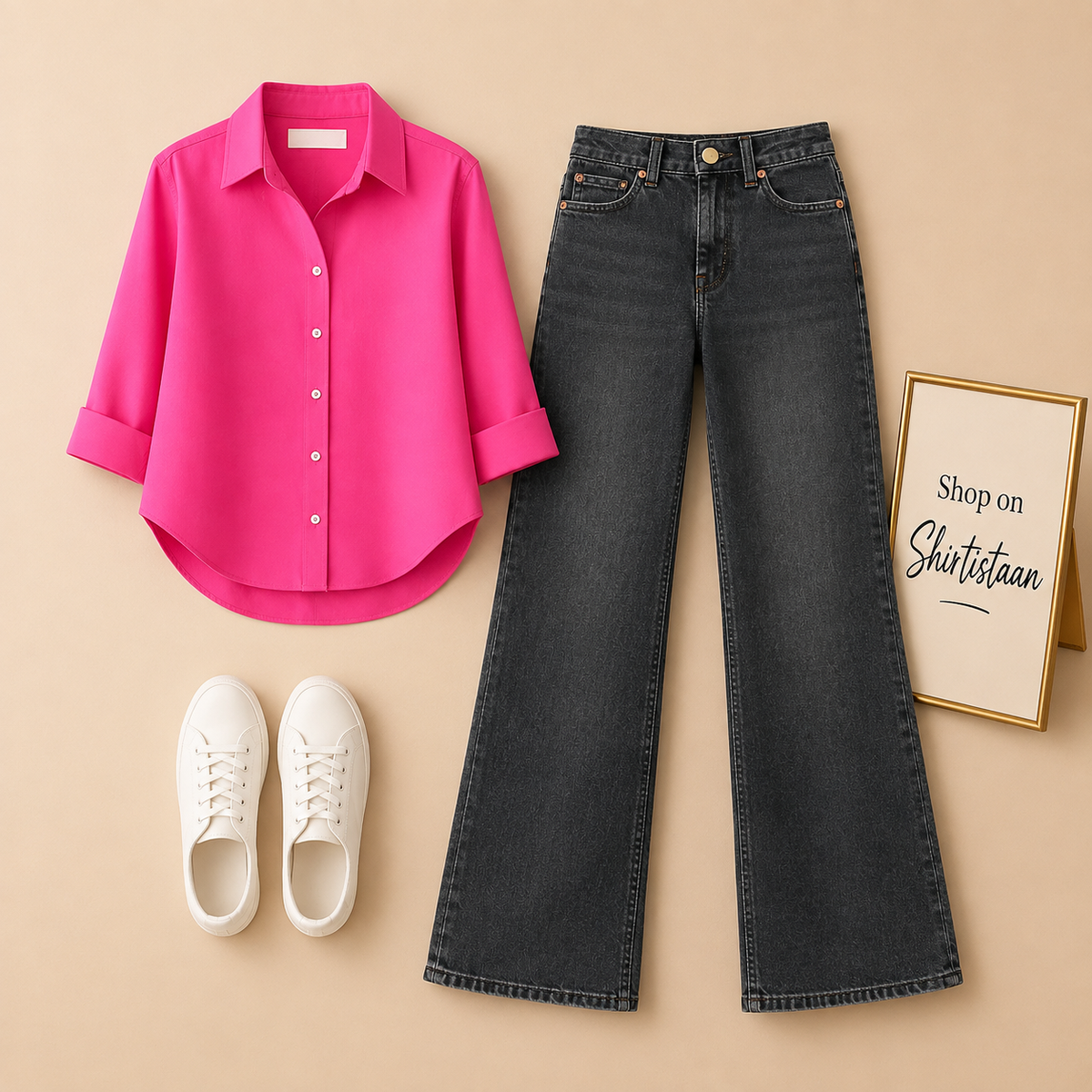 Hot Pink  Button Down Shirt with Malaysia Black Wide Leg Jeans