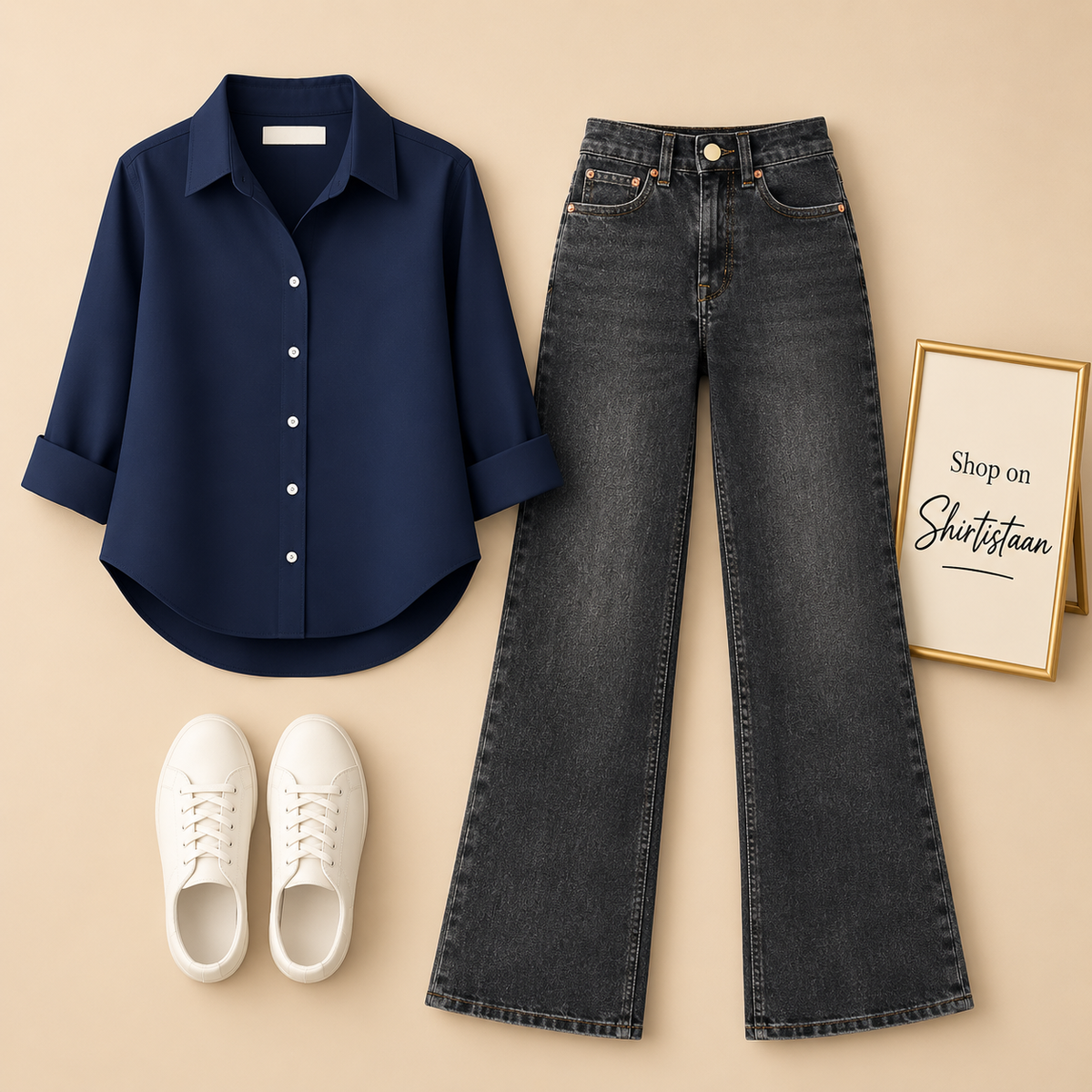 Navy Blue Button Down Shirt with Malaysia Black Wide Leg Jeans