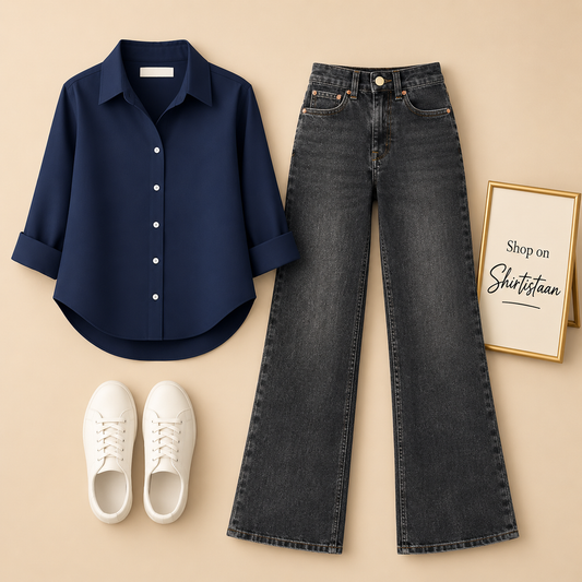 Navy Blue Button Down Shirt with Malaysia Black Wide Leg Jeans
