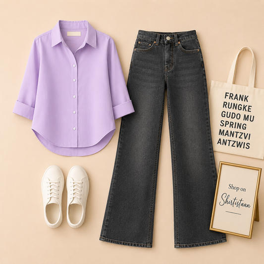 Lilac Button Down Shirt with Malaysia Black Wide Leg Jeans