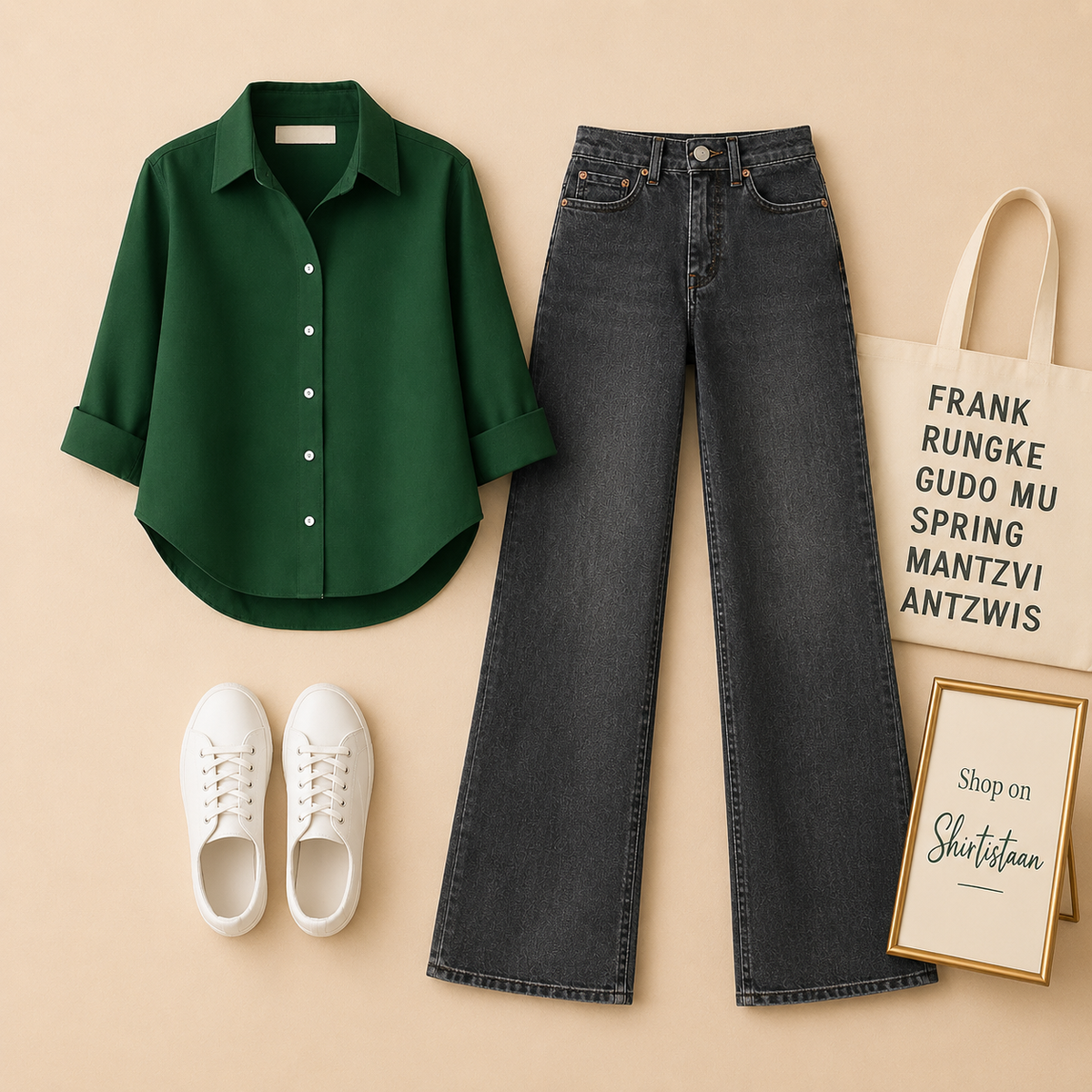 Bottle Green Button Down Shirt with Malaysia Black Wide Leg Jeans