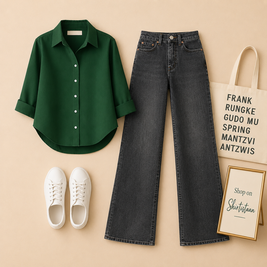 Bottle Green Button Down Shirt with Malaysia Black Wide Leg Jeans