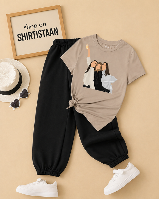 3 GIRLS CREAM TEE WITH BLACK TROUSER