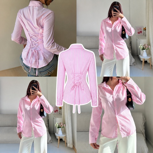Pink n White Corset Lace-Up Back Stripe Shirt