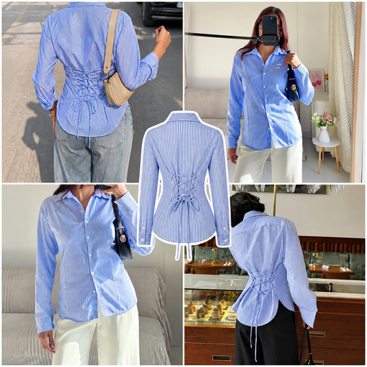 Blue n White Corset Lace-Up Back Stripe Shirt