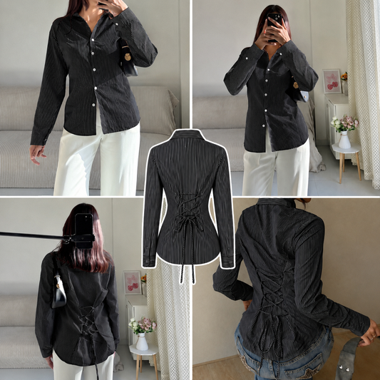 Black n White Corset Lace-Up Back Stripe Shirt