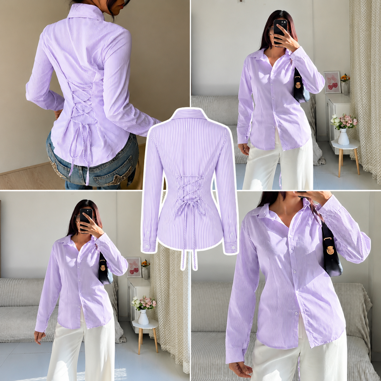 Lilac n White Corset Lace-Up Back Stripe Shirt