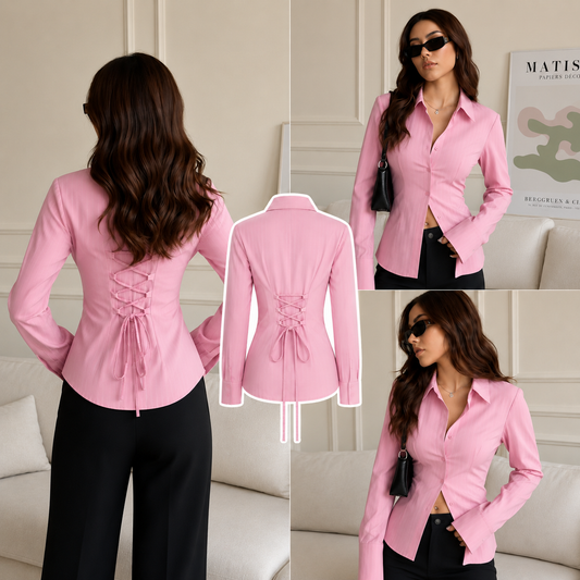 Pink Corset Lace-Up Back Stripe Shirt