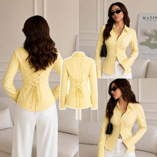 Yellow Corset Lace-Up Back Stripe Shirt