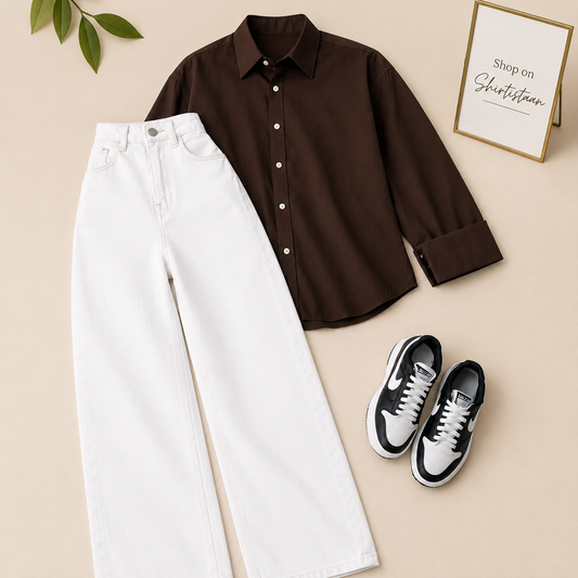Brown Button Down Shirt with white Wide Leg Jeans
