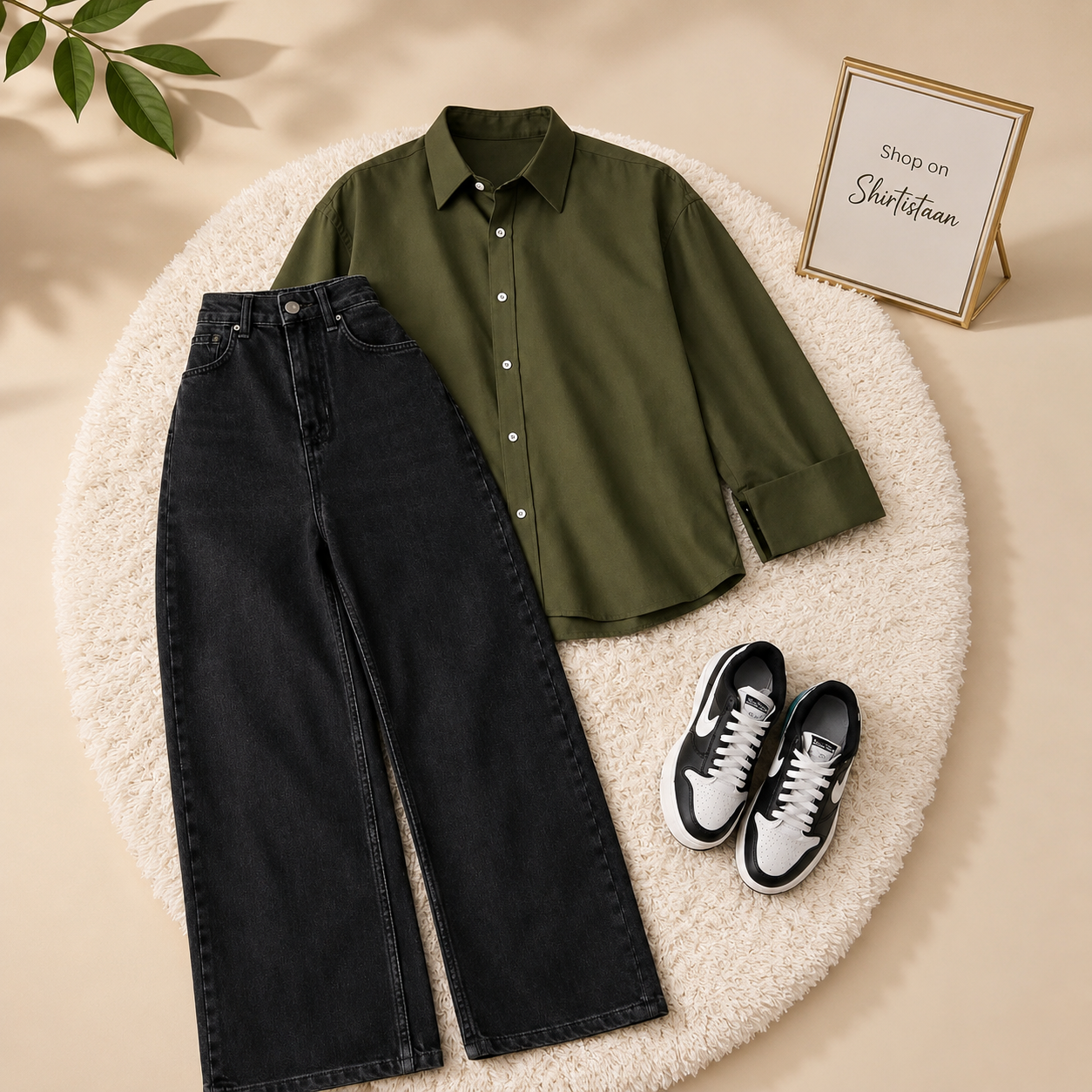 Olive Green Button Down Shirt with Black Wide Leg Jeans