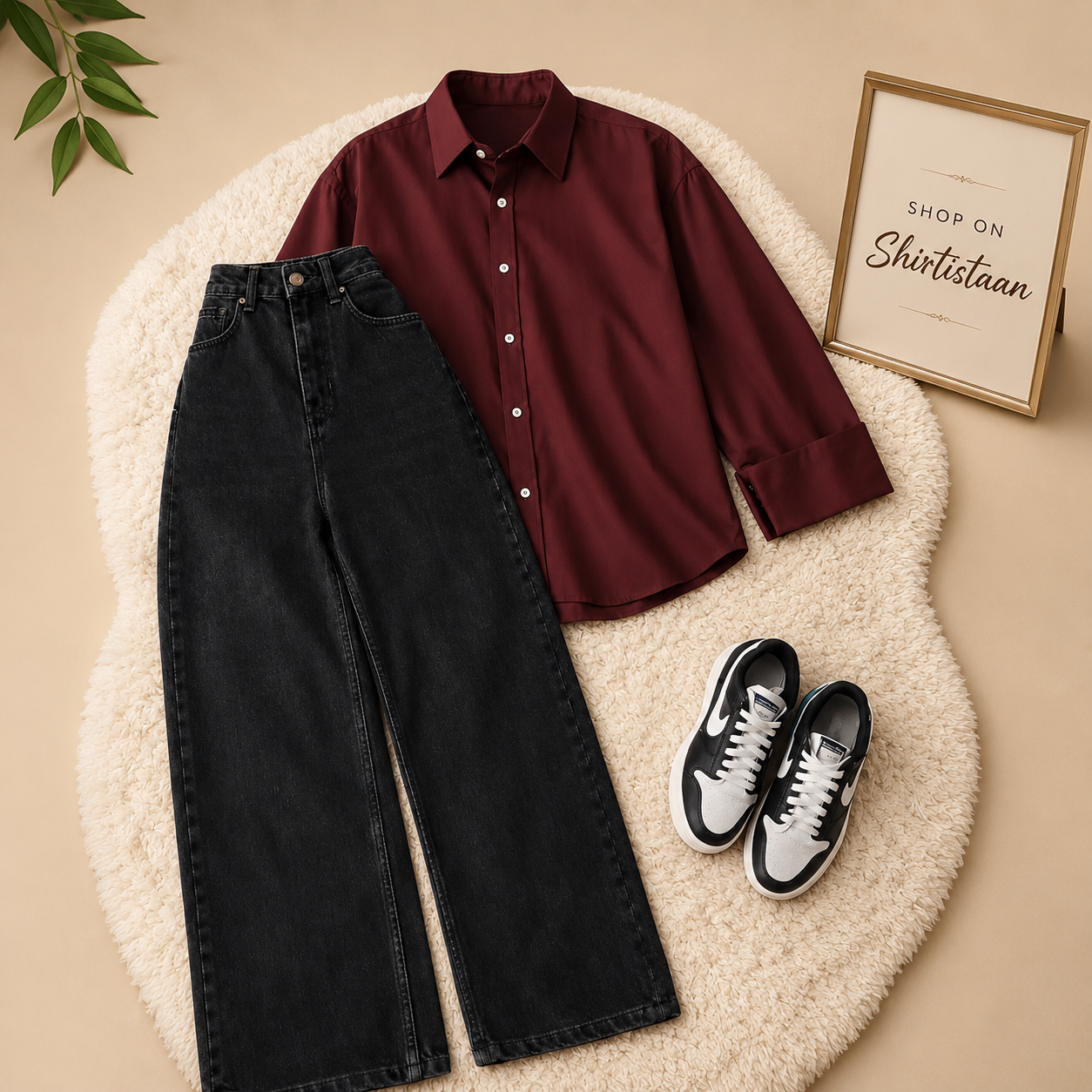 Maroon Button Down Shirt with Black Wide Leg Jeans