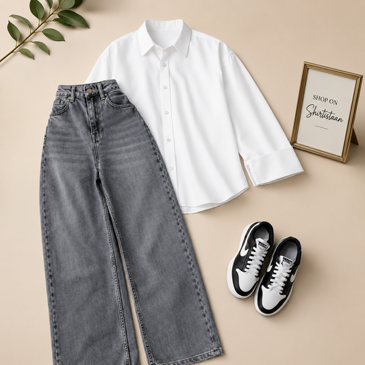 White Button Down Shirt with Greyish  Wide Leg Jeans