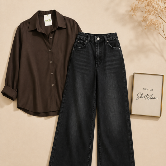Brown Button Down Shirt with Black  Wide Leg Jeans