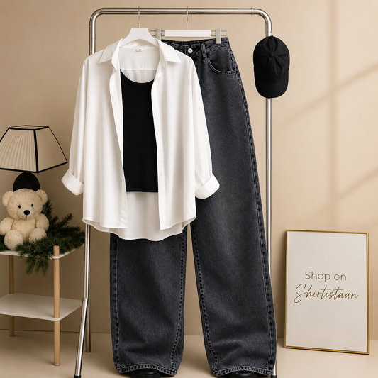 White Button Down Shirt with Black Tee & Black  Wide Leg Jeans