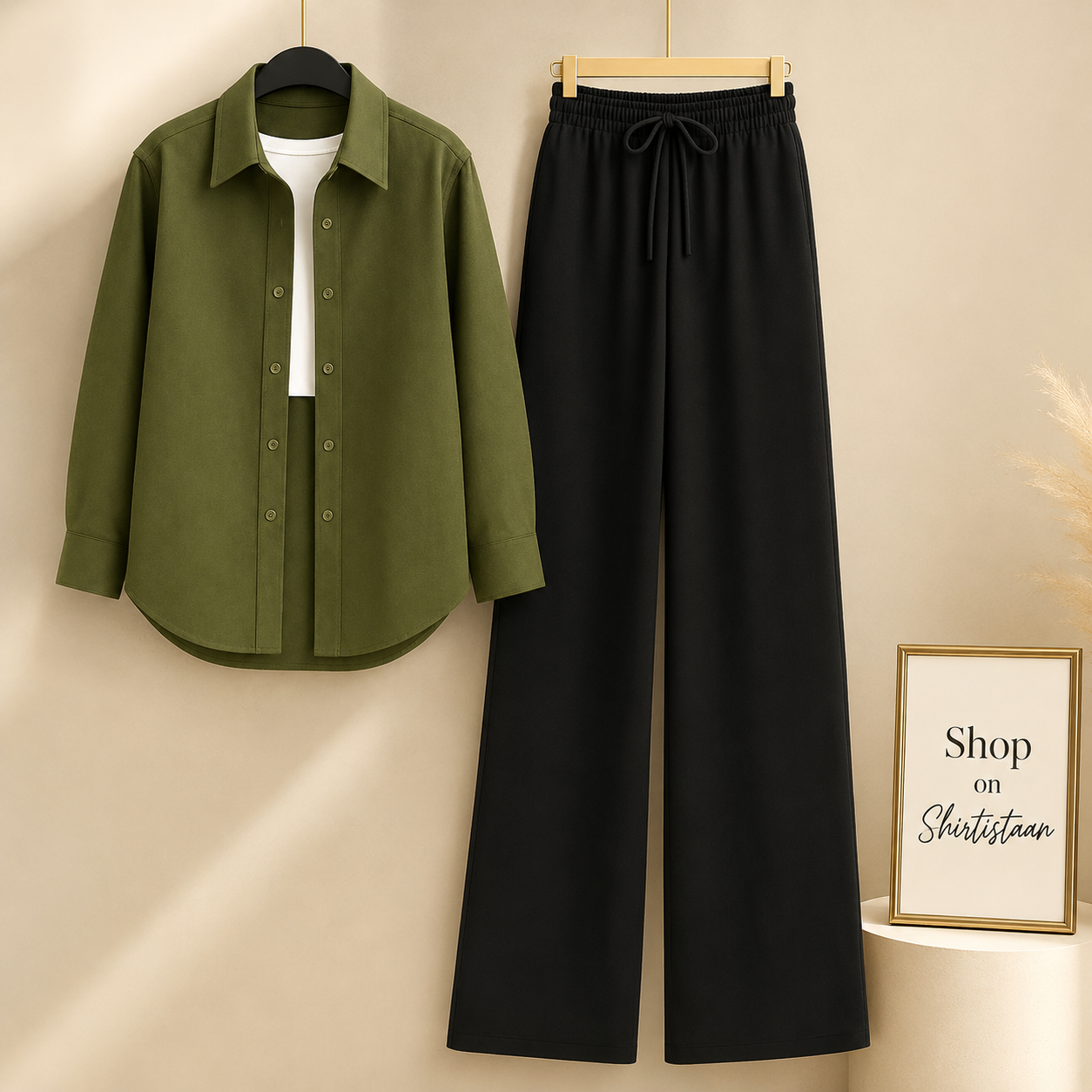 Olive Green Button Down Shirt with White Tanktop & Black Wide Leg Jeans