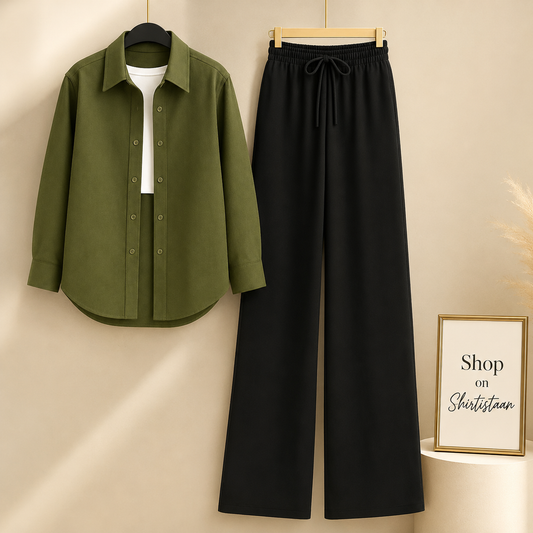 Olive Green Button Down Shirt with White Tanktop & Black Wide Leg Jeans
