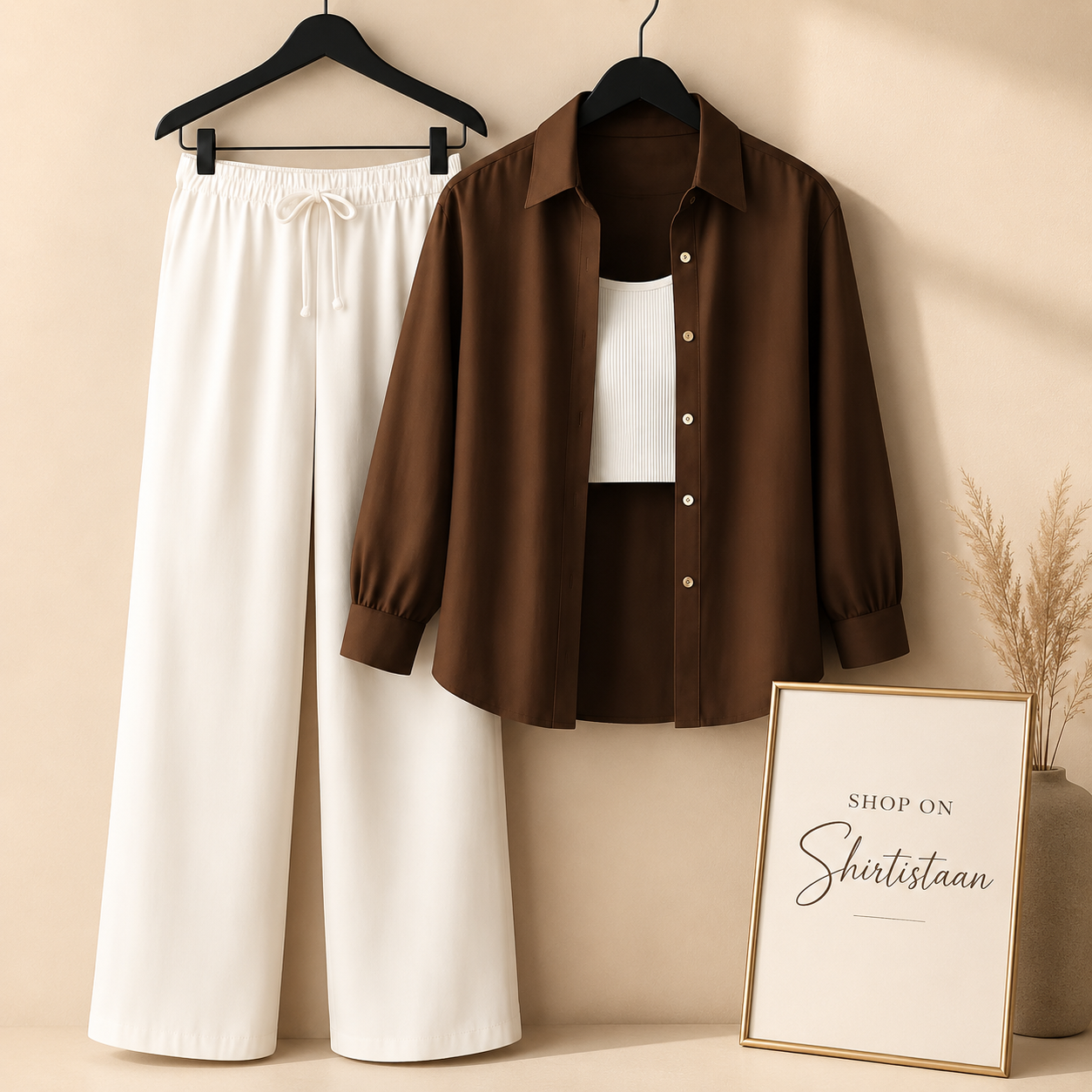 Brown Button Down Shirt with White Tanktop and Beige Flapper