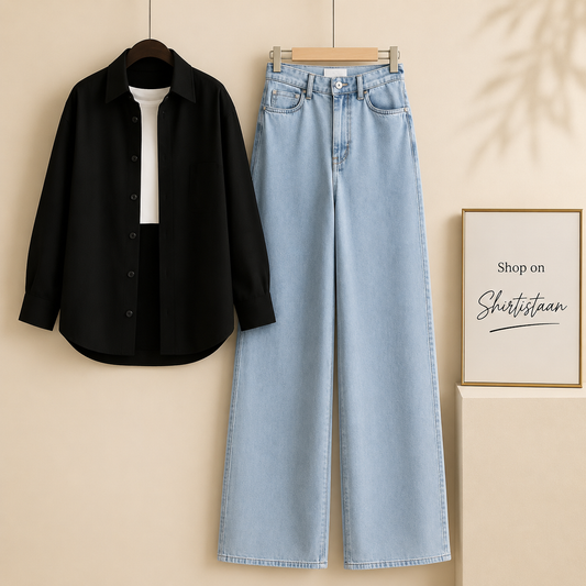 Black Button down shirt with White Tee and Ice Blue Wide leg Jeans