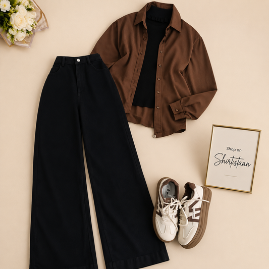 Brown Button Down Shirt With Black Tee and Black wide leg Jeans