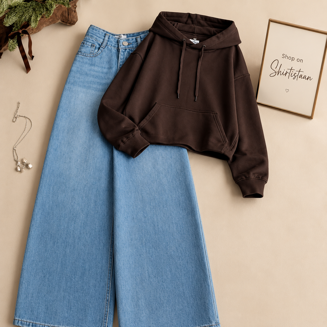 Basic Brown Hoodie with Sky Blue wide leg jeans