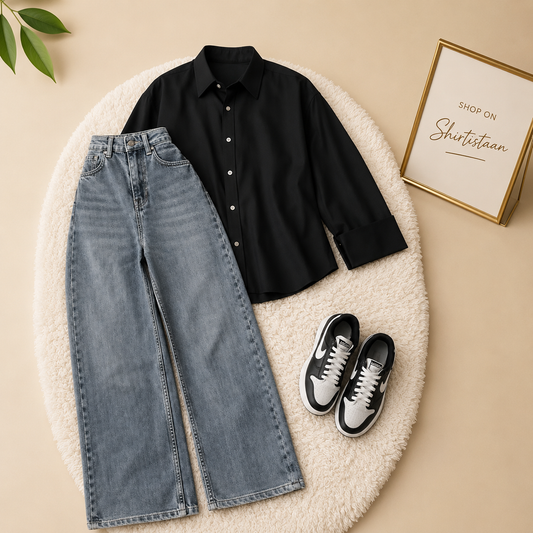 Black Button Down Shirt with Malaysia Black Wide Leg Jeans