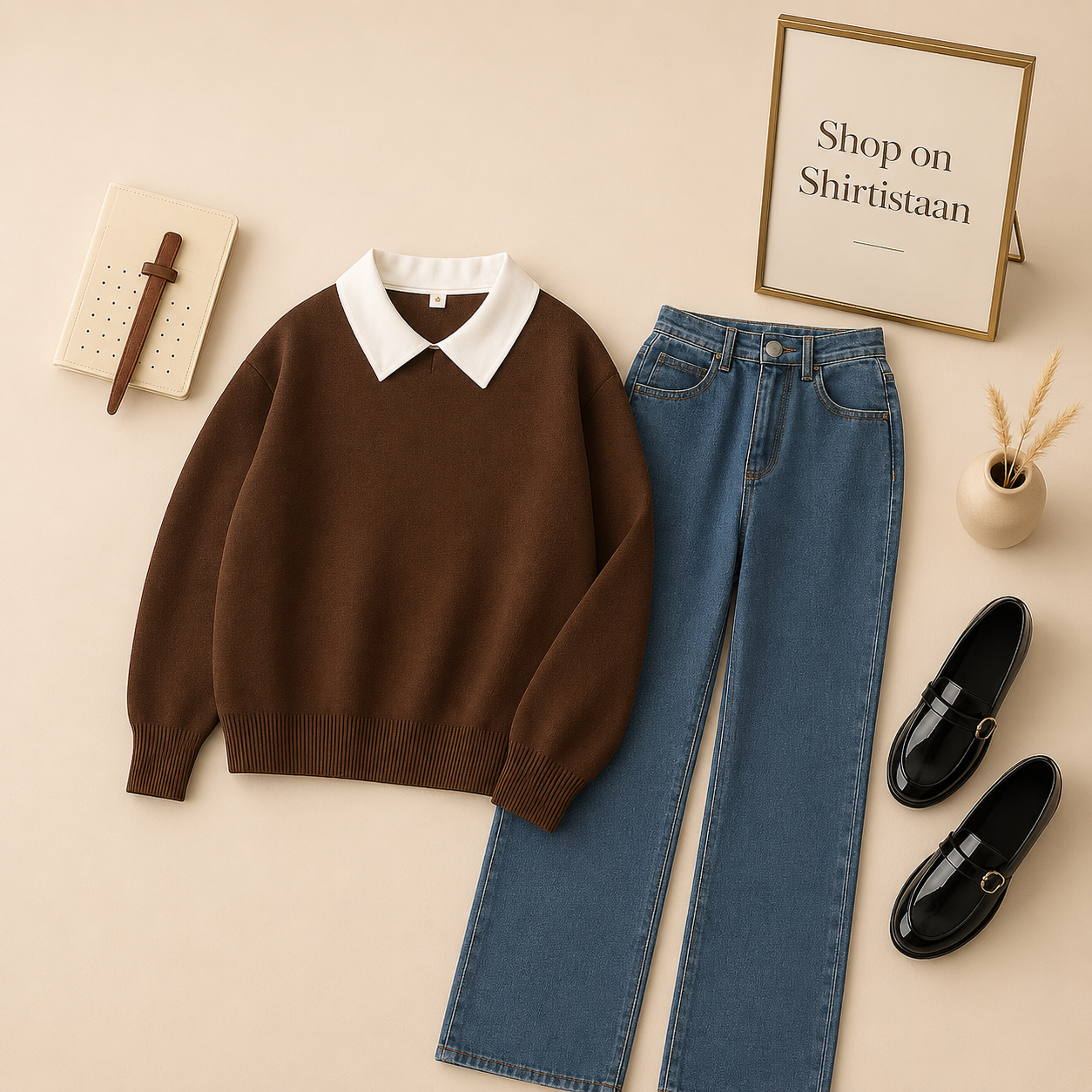 BROWN COLLAR SWEATSHIRT WITH MID BLUE WIDE LEG