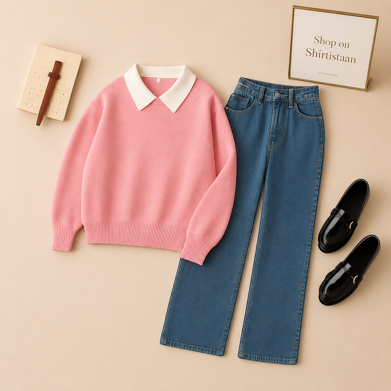 PINK COLLAR SWEATSHIRT WITH MID BLUE WIDE LEG